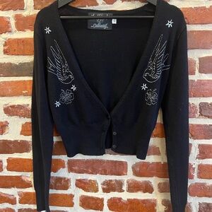 Collectif Black Cardigan with Embroidered Swallows